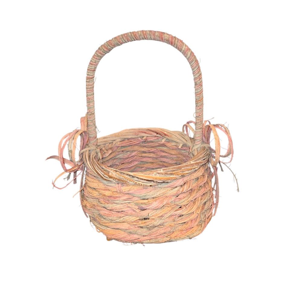 Rustic Pastel Multicolored Bow Accented Med Wicker Wood Easter Basket 12"X10"X9"